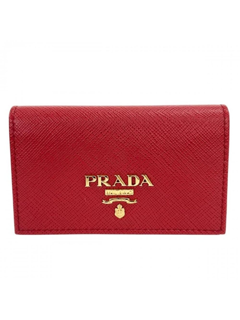 Prada Card Case Saffiano Business Leather Red Gold